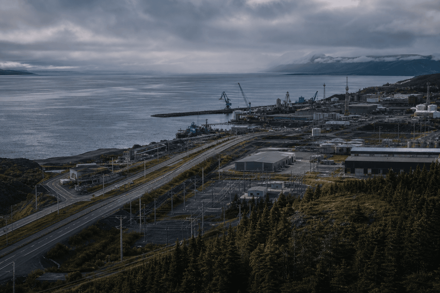 Coastal infrastructure and communications systems viewed in clear northern light