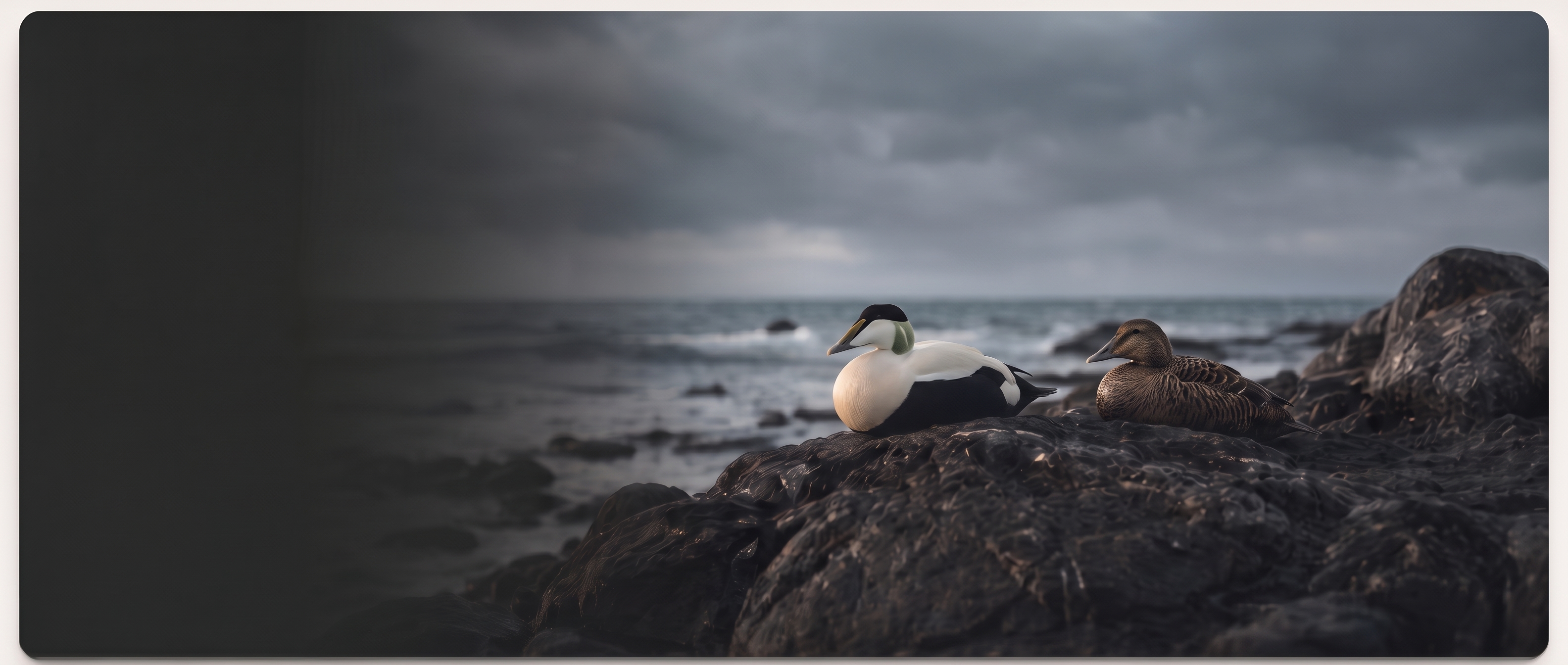 Two eider ducks resting on a rocky North Atlantic shore